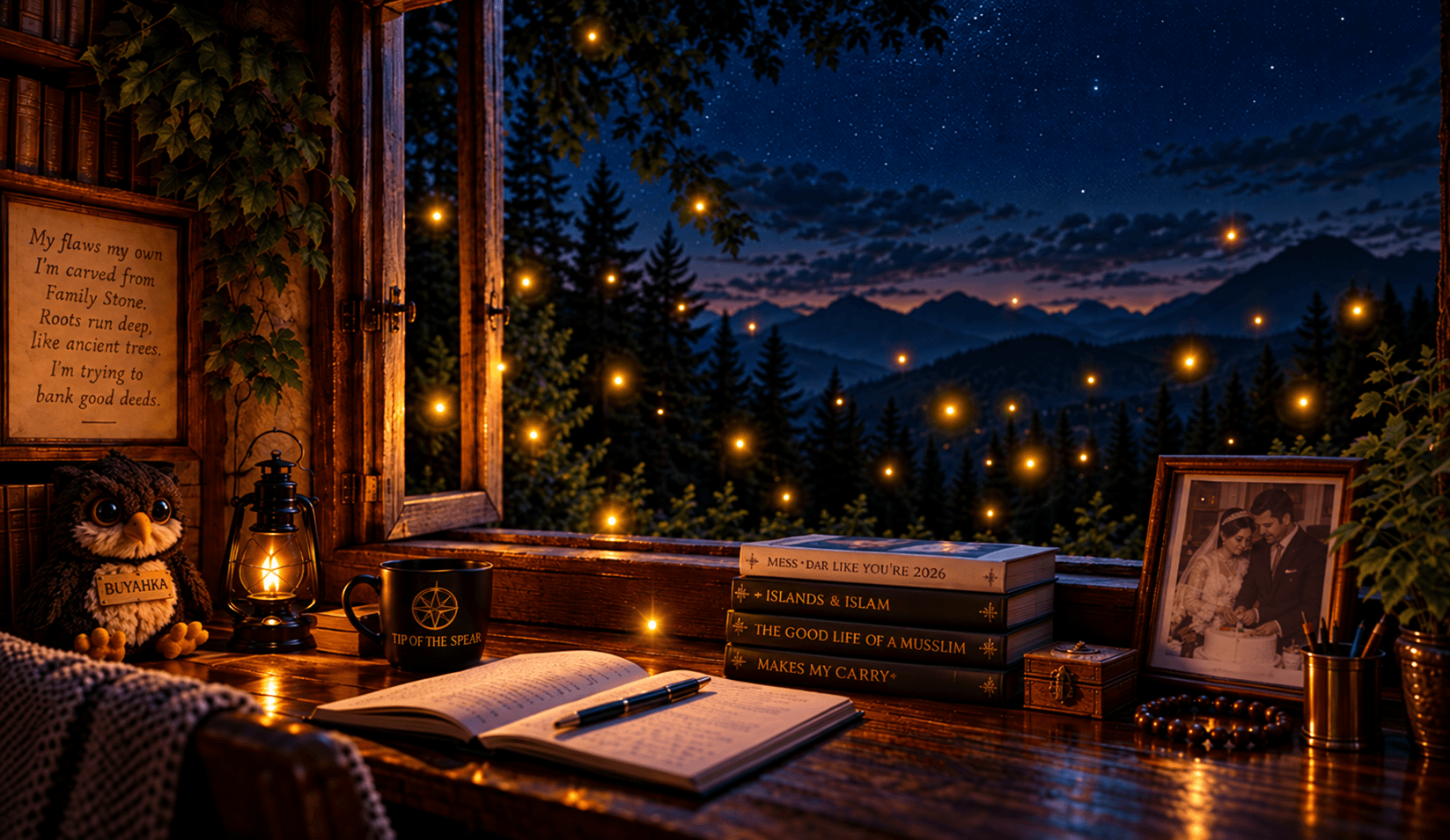 A lantern-lit writing desk at an open window overlooking a starlit forest and mountains, with keepsake books, a photo, and fireflies glowing in the dark